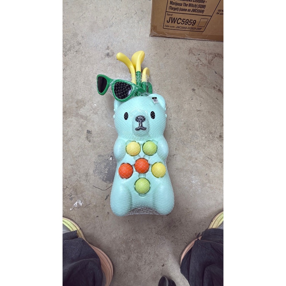 Kids Plastic Teddy Bear Golf Set Caddy with Clubs Balls and Sunglasses Blue